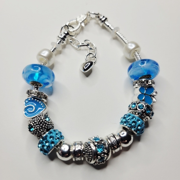 NWT Pandora Style Snake Chain Charm Bracelet Hearts Butterflies Aqua Blue Silver - Picture 7 of 7